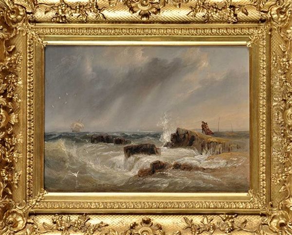 A Fisherman And His Wife On A Rocky Shore Looking Out To Sea Oil Painting by John Wilson Carmichael