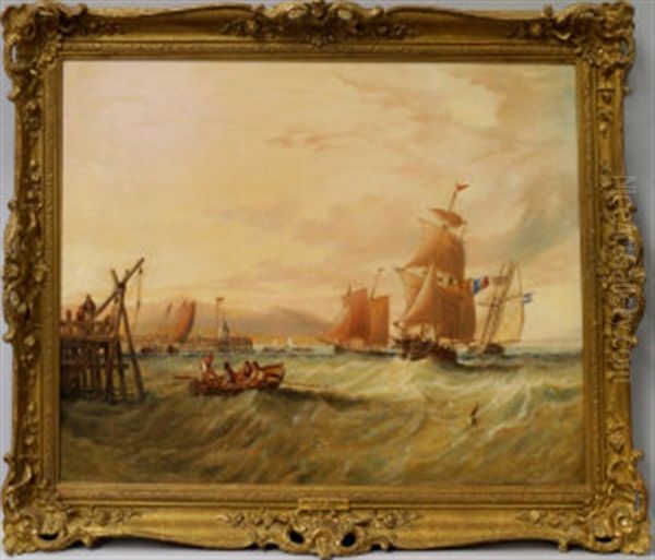 French Vessels Shipping Off A Jetty Oil Painting by John Wilson Carmichael