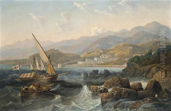 A Spanish Xebec And Other Local Craft In The Mediterranean Off The Harbour Of Monte Carlo, Monaco Oil Painting by John Wilson Carmichael