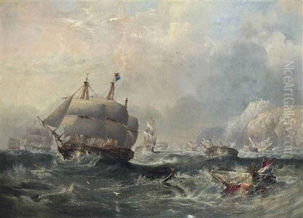 H.m.s. Conqueror Towing H.m.s. Africa Off The Shoals At Trafalgar, Three Days After The Battle Oil Painting by John Wilson Carmichael