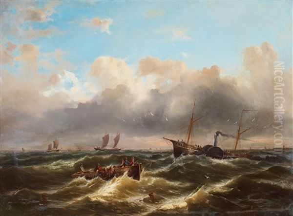 Paddle-steamer, Rowing Boat And Sailboats Oil Painting by John Wilson Carmichael