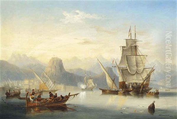 Local Craft And A Saluting Frigate In The Bay Of Rethymnon, Crete, With The Port Citadel Rising To The Left And Mount Ida Seen In The Distance Beyond Oil Painting by John Wilson Carmichael