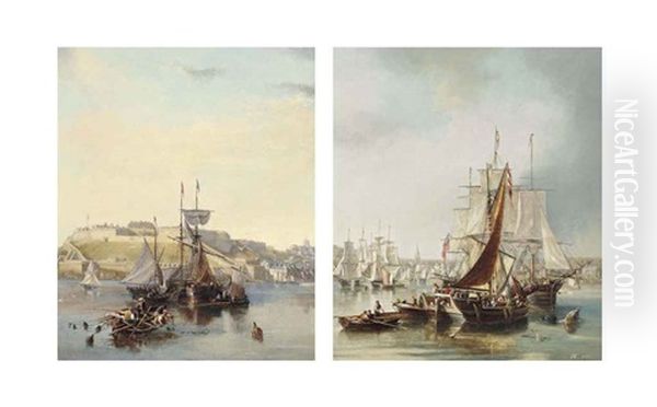 Fishing Vessels At Anchor Lying Before The Citadel At Plymouth (+ View From The Harbour Of The Old Town Of Plymouth (both Illustrated); Pair) Oil Painting by John Wilson Carmichael