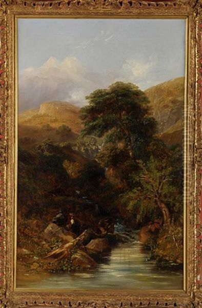 The Mountain Stream - A Scottish Angling Scene Oil Painting by John Wilson Carmichael