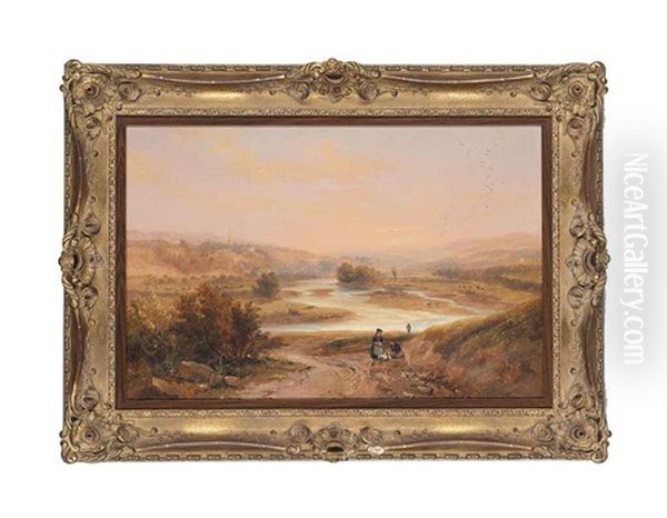 Travelers Resting In A Valley By A River, At Sunset Oil Painting by John Wilson Carmichael