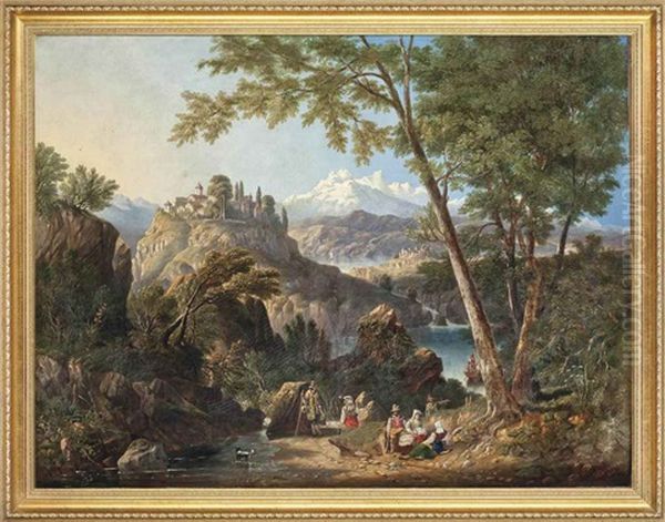 A Mountainous River Landscape With Travellers In The Foreground And A Village Beyond Oil Painting by John Wilson Carmichael