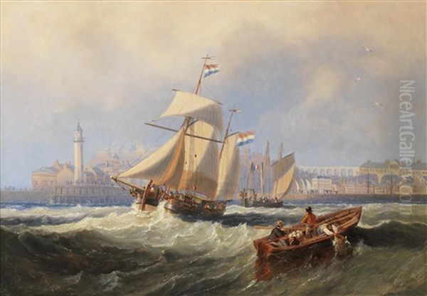 A Dutch Hoy Outward-bound Off Scarborough, With A Large Dutch Lugger Heading Into Harbour Oil Painting by John Wilson Carmichael