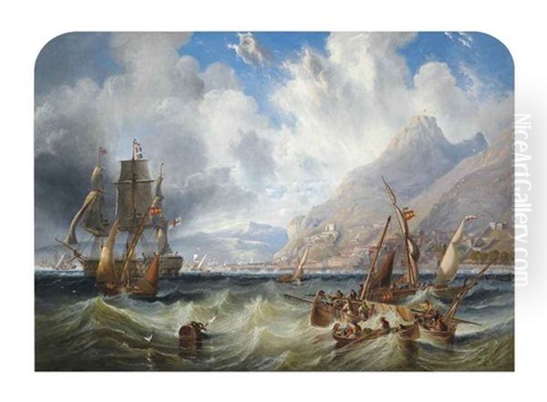 A Large Second Rate, (h.m.s. Asia?) Passing Through Local Small Craft Off Gibraltar Oil Painting by John Wilson Carmichael