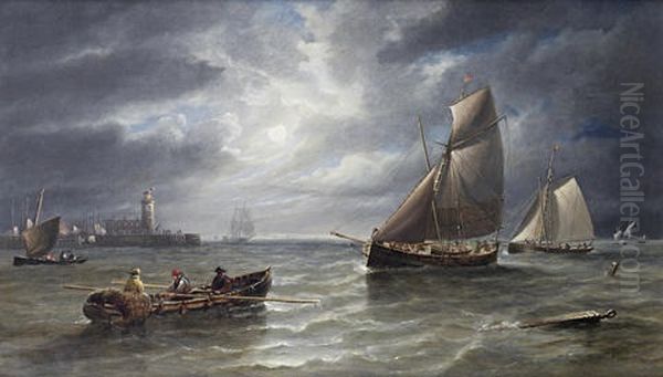 Small Traders And Fishing Boats Running Into Harbor By Moonlight Oil Painting by John Wilson Carmichael