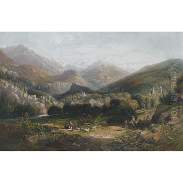 Extensive Alpine Vista With Shepherds Resting And Travelers Mingling Oil Painting by John Wilson Carmichael