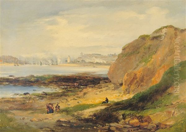 Coastal Scene, Figures In The Foreground And Shipping Off A Harbor In The Distance (sketch) Oil Painting by John Wilson Carmichael