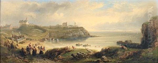 Tynemouth Priory And Castle, With The Old Lighthouse Nearby, Viewed From The South Across The Cove Known As The Friar's Haven Oil Painting by John Wilson Carmichael