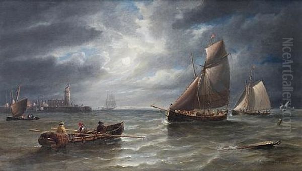 Small Traders And Fishing Boats Running Into Harbor By Moonlight Oil Painting by John Wilson Carmichael