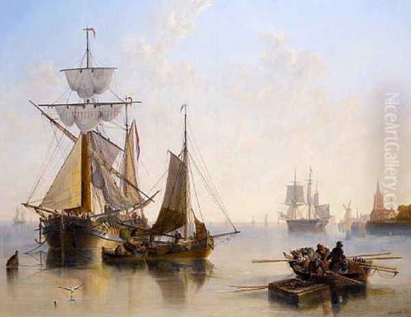 A Tranquil Day On The Scheldt, With Traditional Craft At Work Inshore And An Outbound Merchantman Trying To Catch A Breeze Beyond Oil Painting by John Wilson Carmichael