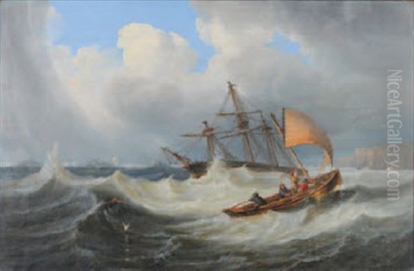 A Three Masted Merchantman Lying To Wind, Under Anchor, In Gale Off A Lee Shore Oil Painting by John Wilson Carmichael