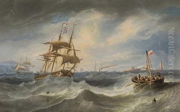 Congested Waters Between Hurst Castle And The Needles, With A Royal Navy Frigate Heaving-to To Take On The Pilot Oil Painting by John Wilson Carmichael