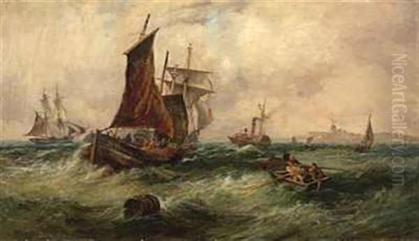 Fishing Smacks And A Paddle Steamer Off Yarmouth Oil Painting by John Wilson Carmichael