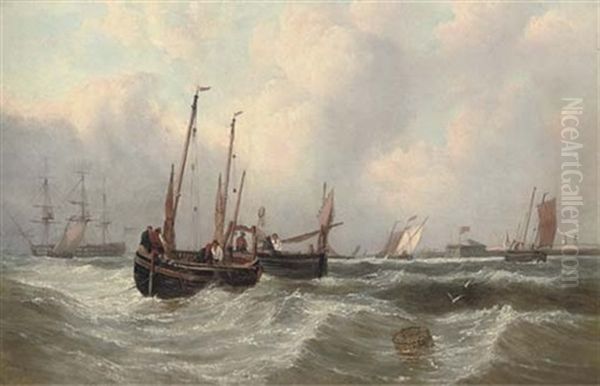 Fishermen Pulling In Their Nets Off Flushing Oil Painting by John Wilson Carmichael