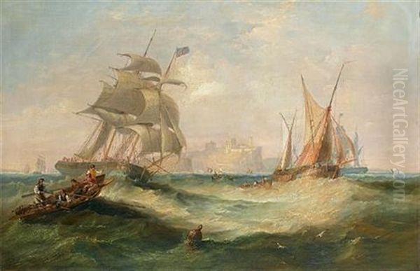 A Three-masted Merchantman And Other Traders Caught In A Heavy Swell Off Tynemouth Oil Painting by John Wilson Carmichael