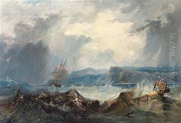 Marine Med Sejlskib Ud For En Klippekyst I Hardt Vejr Oil Painting by John Wilson Carmichael