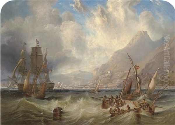 A Large Second Rate (h.m.s. Asia?) Passing Through Local Small Craft Off Gibraltar Oil Painting by John Wilson Carmichael