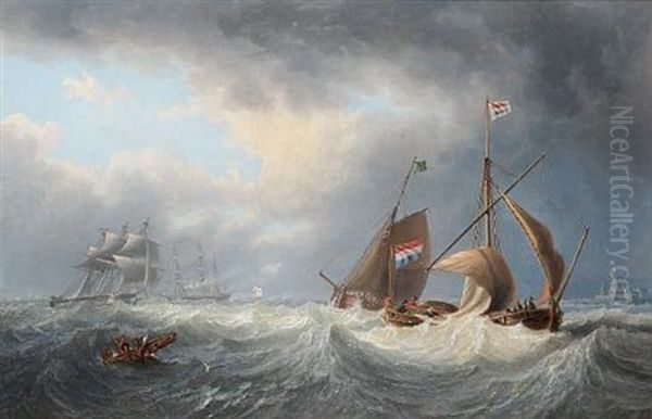 Barges And Larger Vessels Off Vlissengen (flushing) In A Heavy Swell Oil Painting by John Wilson Carmichael