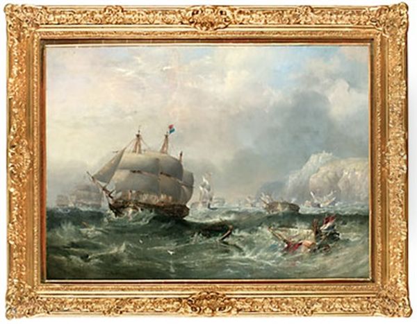 Hms "conqueror" Towing Hms "africa" Off The Shoals At Trafalgar Three Days After The Battle Oil Painting by John Wilson Carmichael