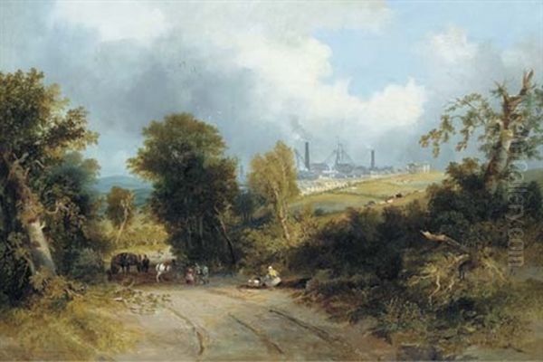 A Wooded Landscape With Figures And A Horse And Cart On A Track In The Foreground, And The Waldridge Colliery Beyond Oil Painting by John Wilson Carmichael