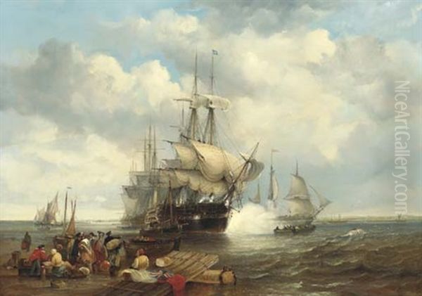 Four Indiamen Preparing To Leave The Lower Thames With Passengers Embarking In The Foreground Oil Painting by John Wilson Carmichael