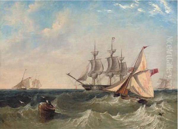 Naval Cutters Offshore With A Frigate Coming To Anchor (spithead?) Oil Painting by John Wilson Carmichael