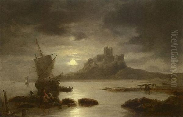 Bamburgh Castle By Moonlight, With Figures And Boats In The Foreground Oil Painting by John Wilson Carmichael