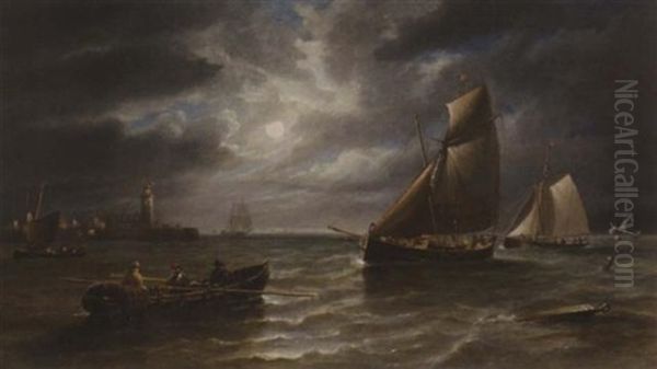 Shipping Off A Pier By Moonlight Oil Painting by John Wilson Carmichael