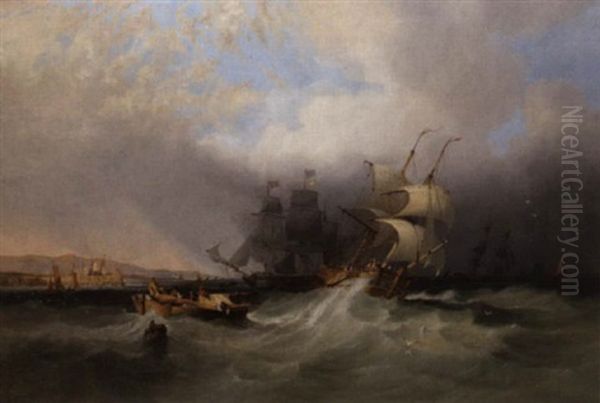 Heeling In The Swell Off The Harbour Mouth Oil Painting by John Wilson Carmichael