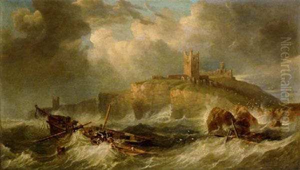 A View Of Dustanburgh Castle, North Of Alnwick, A Ruin On The Northumberland Coastline Oil Painting by John Wilson Carmichael