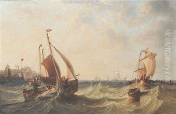 Fishing Boats In A Harbour Mouth Oil Painting by John Wilson Carmichael