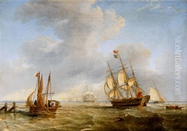 A Busy Shipping Channel With A Frigate-built Ship, A Fishing Boat And Other Shipping Oil Painting by John Wilson Carmichael