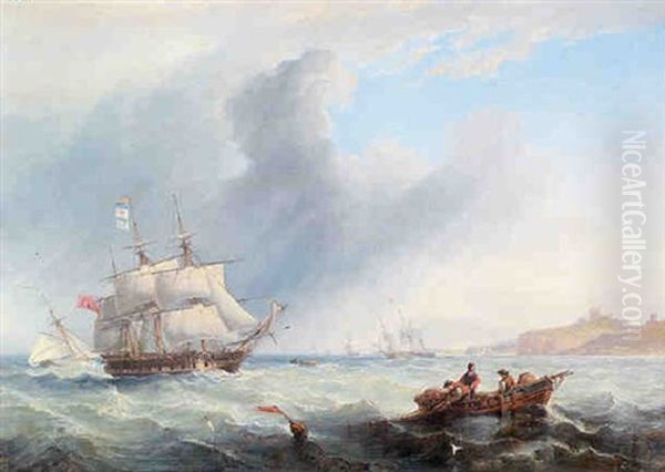 A Royal Navy Frigate Under Reduced Sail Running Past Tynemouth Oil Painting by John Wilson Carmichael