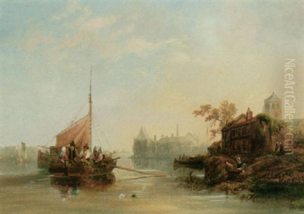 On A Dutch River Oil Painting by John Wilson Carmichael