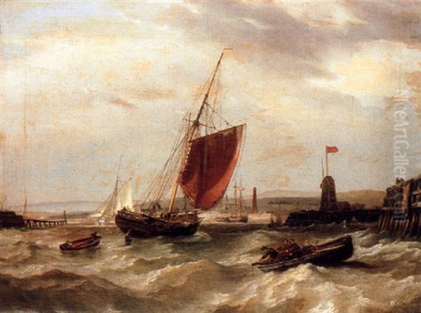 A Fishing Boat And Two Barges In A Harbour Oil Painting by John Wilson Carmichael