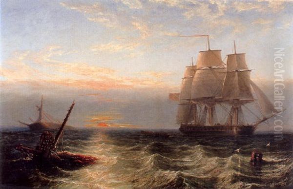 An English Warship Hove To, With A Rowing Boat Investigating A Wreck At Sunset Oil Painting by John Wilson Carmichael