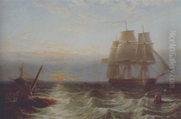 An English Warship Hove To, With A Rowing Boat Investigating A Wreck At Sunset Oil Painting by John Wilson Carmichael