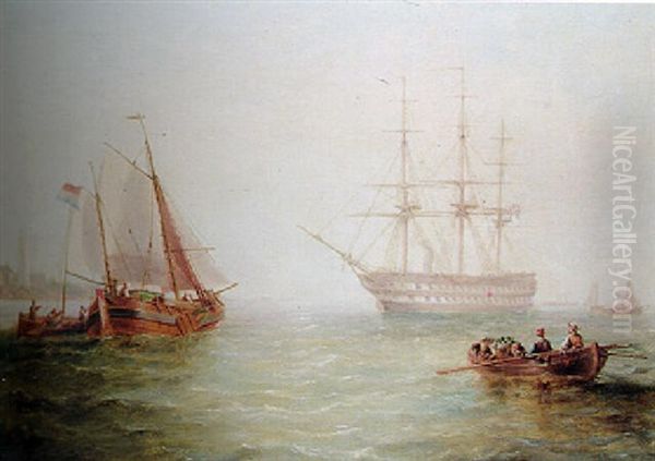 A Royal Navy Screw-powered Two-decker Arriving Off An East Coast Port Oil Painting by John Wilson Carmichael