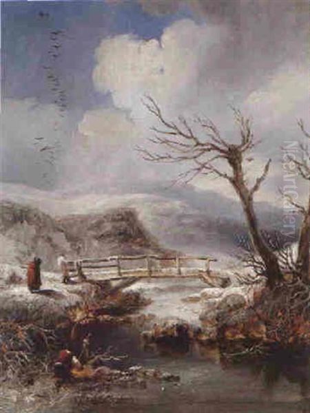 Figures In A Winter Landscape Oil Painting by John Wilson Carmichael