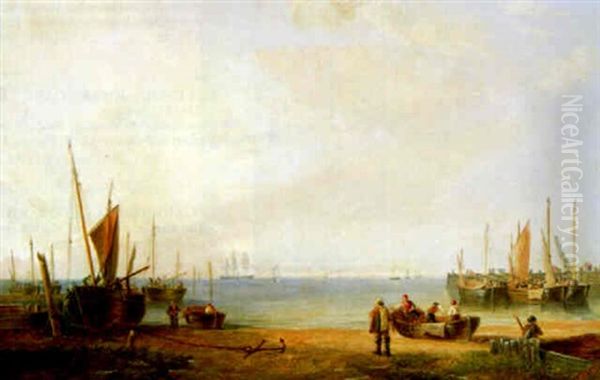 Sicht Vom Strand Auf Die Ruhige See Mit Fischerbooten Und Dreimastern Oil Painting by John Wilson Carmichael