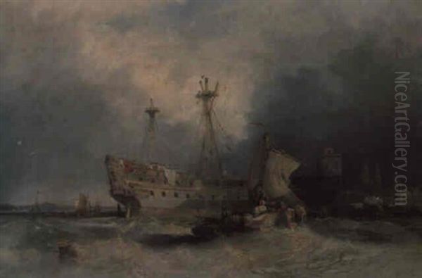 A Market Boat And A Hulk In A Bush Continental Harbour Oil Painting by John Wilson Carmichael