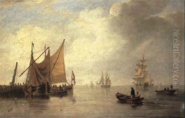 Dutch Barges Unloading At A Jetty Oil Painting by John Wilson Carmichael