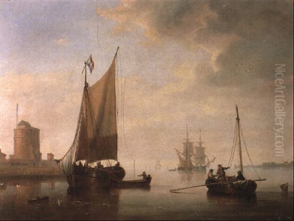 A Barge And A Trading Smack In A Dutch Harbour With Brigs And Other Shipping Oil Painting by John Wilson Carmichael