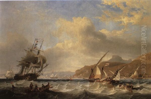 Man Of War And Other Shipping Off A Mediterranean Harbour Wall Oil Painting by John Wilson Carmichael