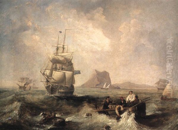 Naval And Fishing Vessels Off A Coast Oil Painting by John Wilson Carmichael