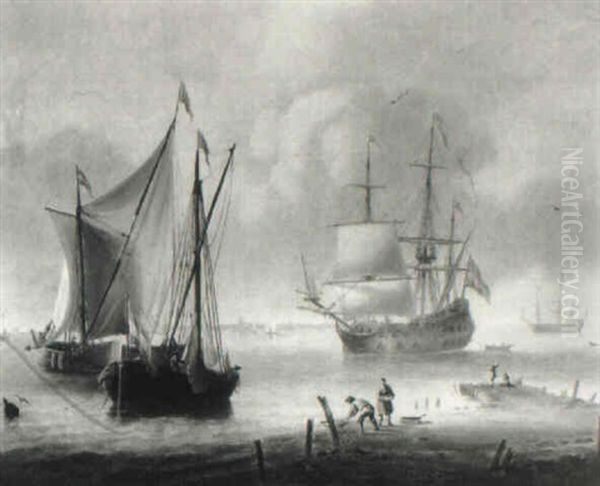 A Two-decked Man O'war Anchored Off The Dutch Coast Oil Painting by John Wilson Carmichael